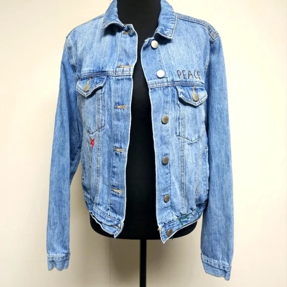 Forever 21 Denim Jean Jacket Hand Embroidery Peace Flowers Boho - Picture 1 of 8